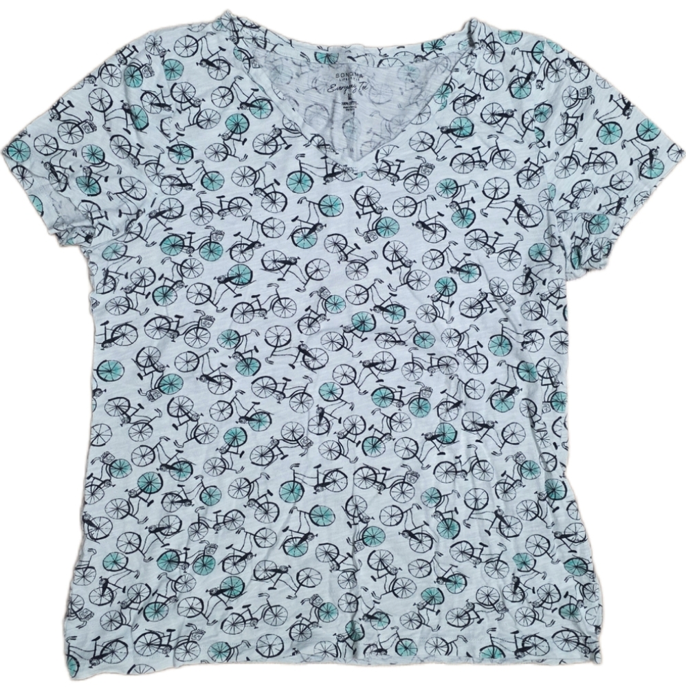 Sonoma Life + Style Bicycle Print T Shirt Women's Size M‎ Bicycle White Cotton